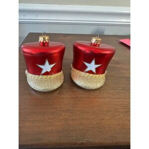 Macy's Thanksgiving Day Parade 2024 Glass Ornaments Set of 2 Red Band Hat Star